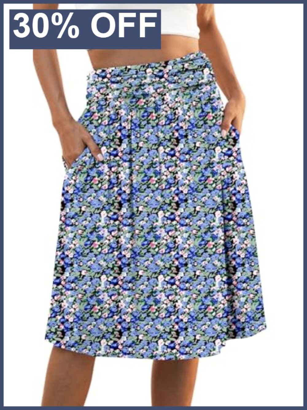 Womens High Waisted Pleated Midi Skirt Flowy A-Line with Pockets
